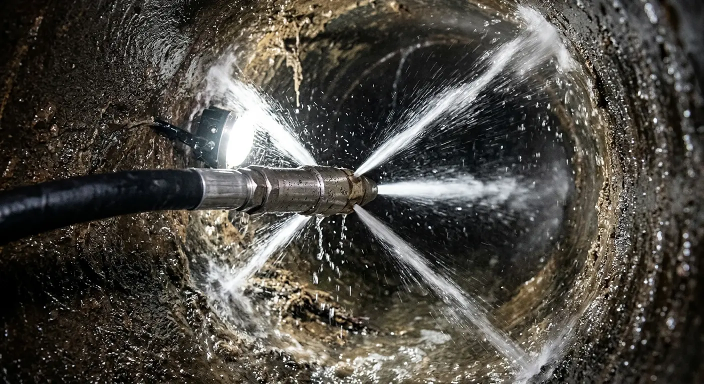 High-pressure hydro jetting nozzle cleaning sewer pipe for Emergency Drain Service in Duxbury