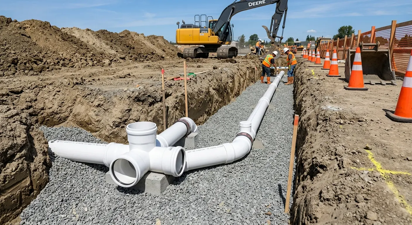New PVC sewer pipe installation in open trench for Commercial Drain Cleaning in Duxbury