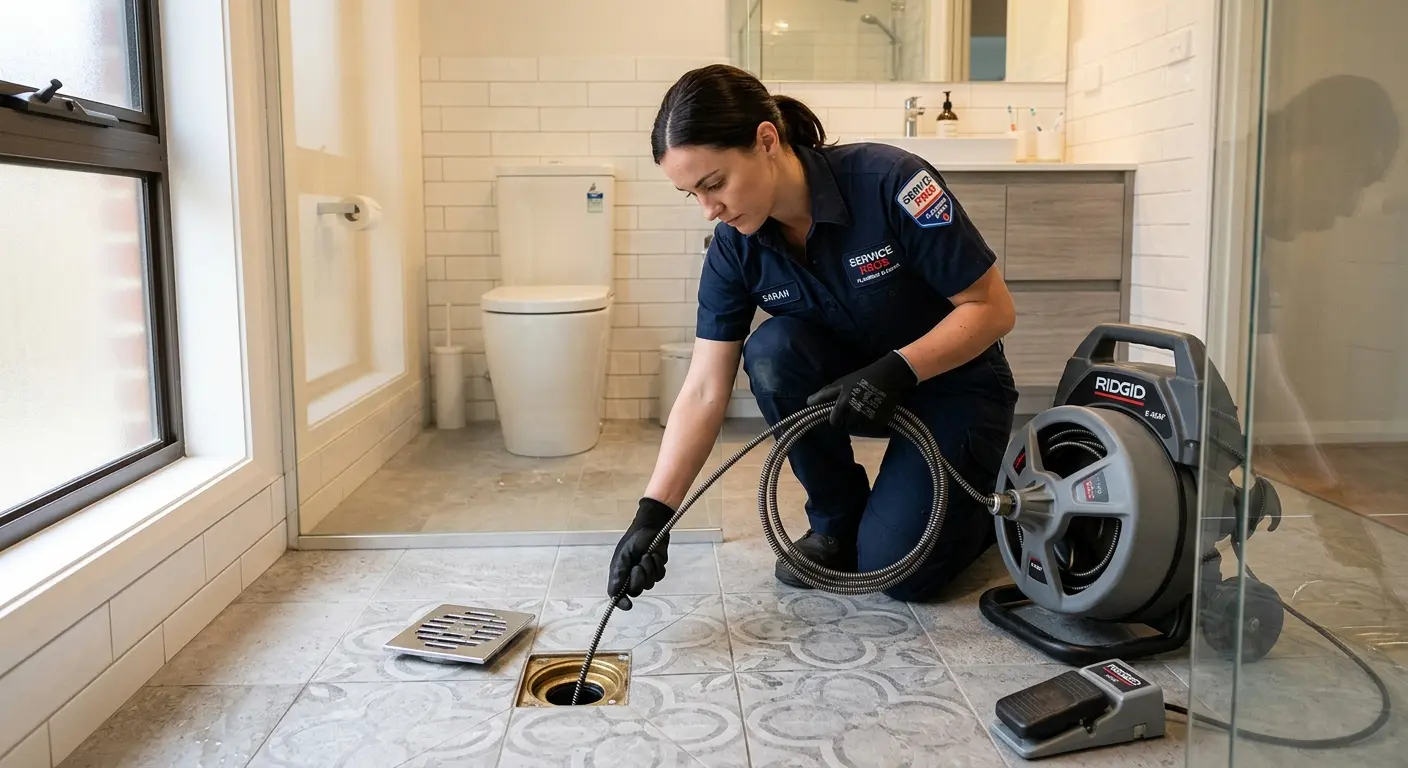 Technician clearing a bathroom floor drain for Clogged Drain Repair in Duxbury